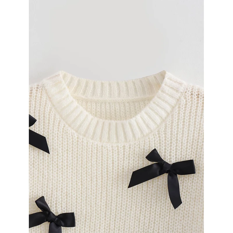 YENKYE New Women Bow Puff Short Sleeve Crop Knit Sweater Round Neck Casual Autumn Pullover Tops Female Beige White  Jumper