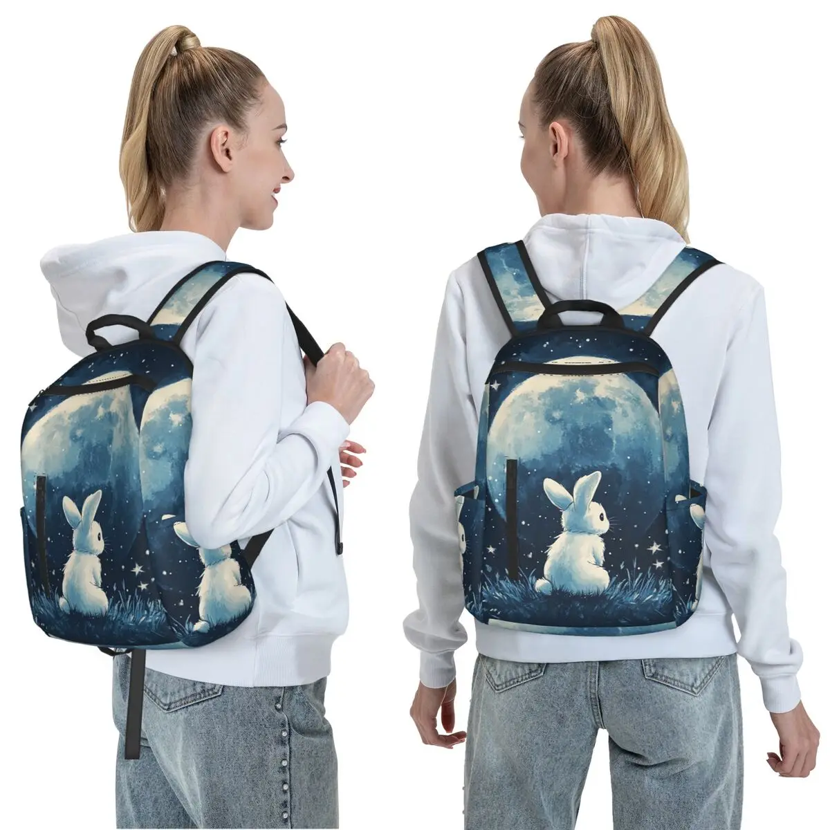 Cute Space Little Bunny Rabbit Backpack Daypack Large Capacity Children BookBag School Bag Shoulder Bags for Men Women