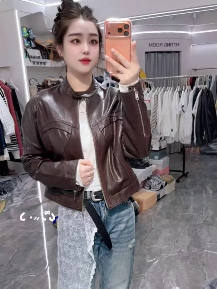 

2026 New Street Sle Women's ort Motorcycle Jaet eepskin Leather Slimming Top Long Sve Square Collar Outerwear