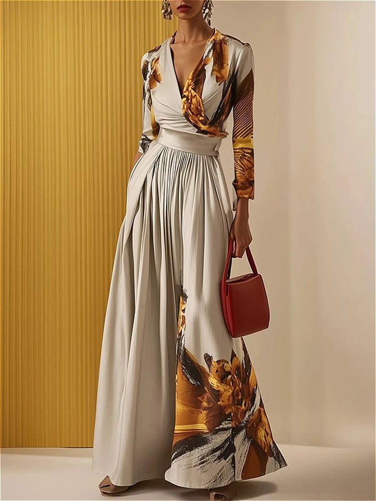 

2026 Women's Abstract Printed Jumpsuit Autumn V-neck Long Sleeve High Waist Wide Leg Elegant Fashion Jumpsuit Party Set