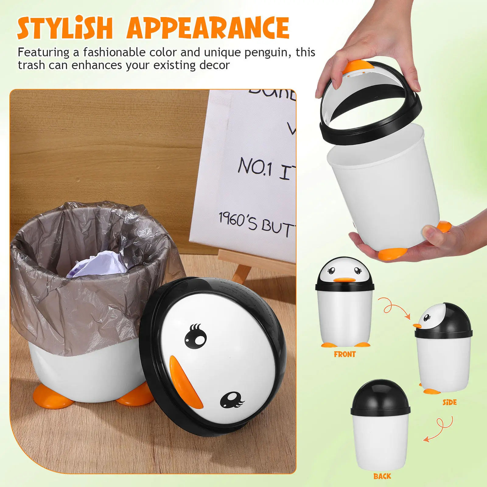 

Cute Penguin Trash Can Desktop Trash Can Swing Lid Kids Plastic Large Mouth Wastebasket child Room garbage can home office decor
