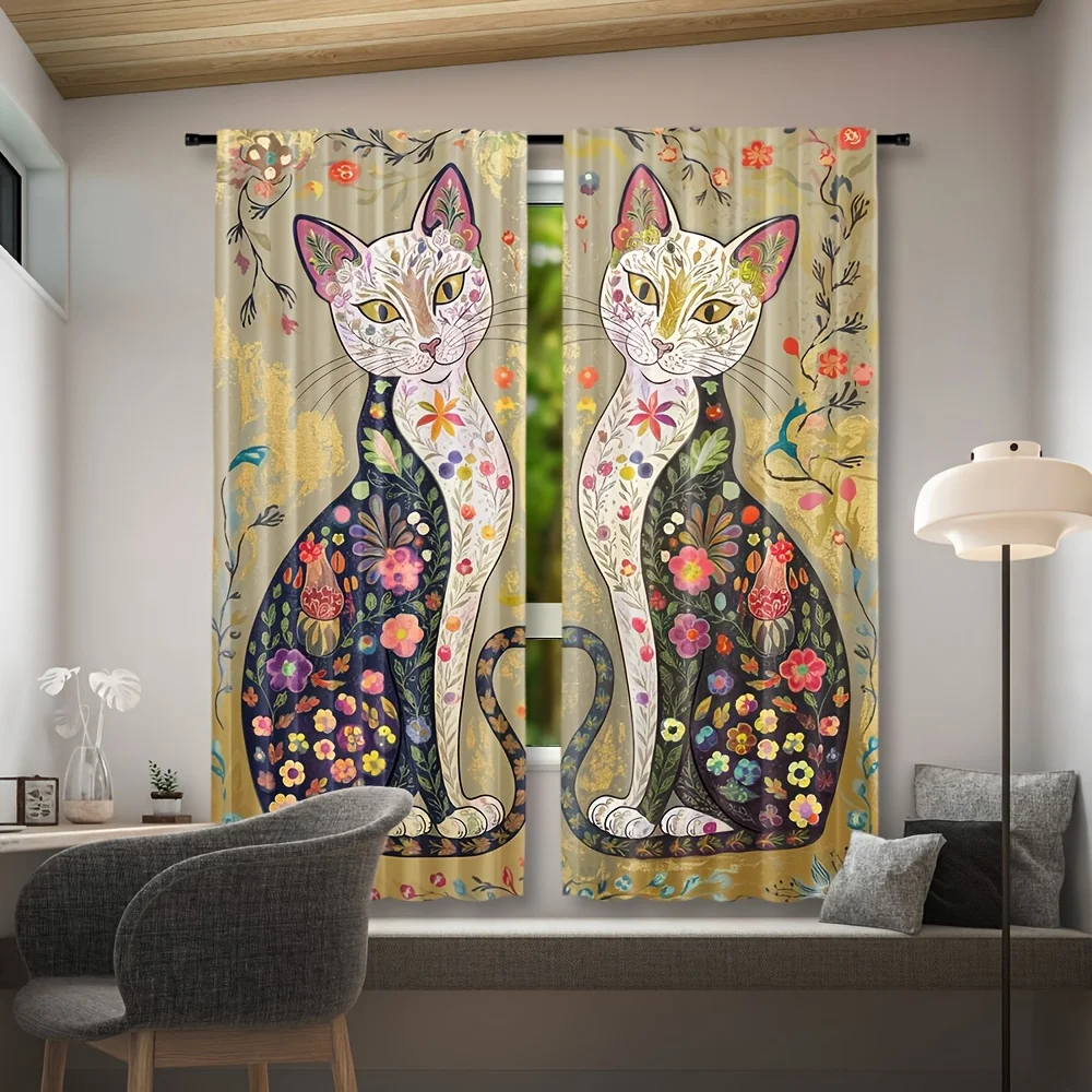 Luxurious Boho Cat Floral Curtains Pair Gold Accent Print Tapestry Window Panels Decorative Cottagecore Living Room Decor