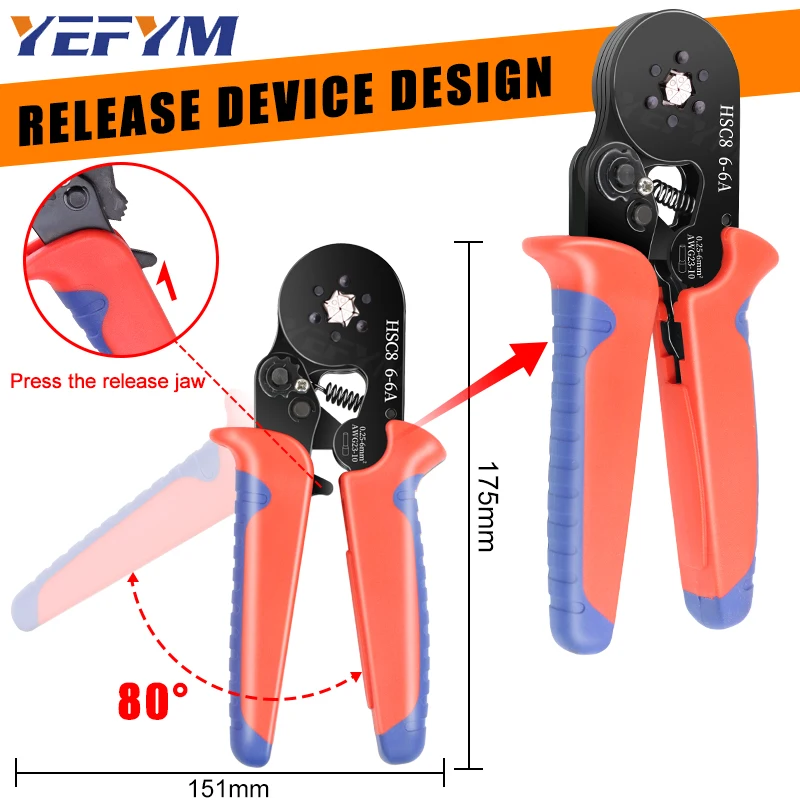 Hexagonal Ferrule Crimp Tool Wire Ferrule Crimping Tool HSC8 6-6A Self-adjustable Ratcheting Crimper for AWG23-10(0.25-6mm²)