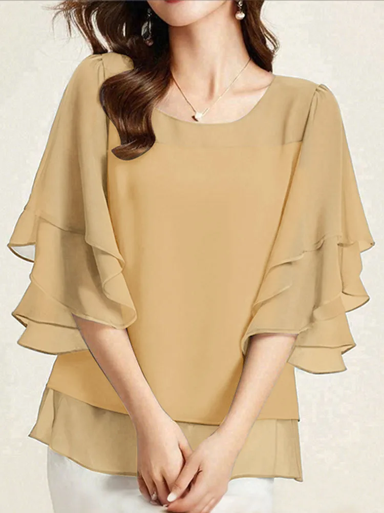 

ZANZEA модная женская шифоновая блузка с рюшами, однотонные топы, туника, осень 202, рубашки с рукавами 3/4, повседневные офисные женские элегантные топы