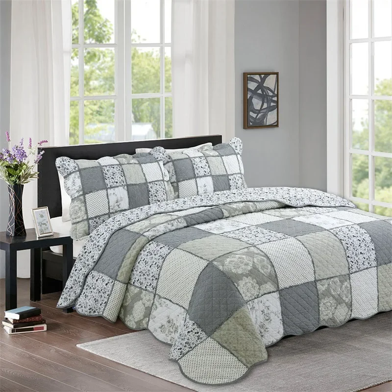 American Cotton Bedspread on the Bed, Quilted Blanket, Pillowcase, King Bedding, Double Bed Cover, Linen Coverlet 3Pcs Set