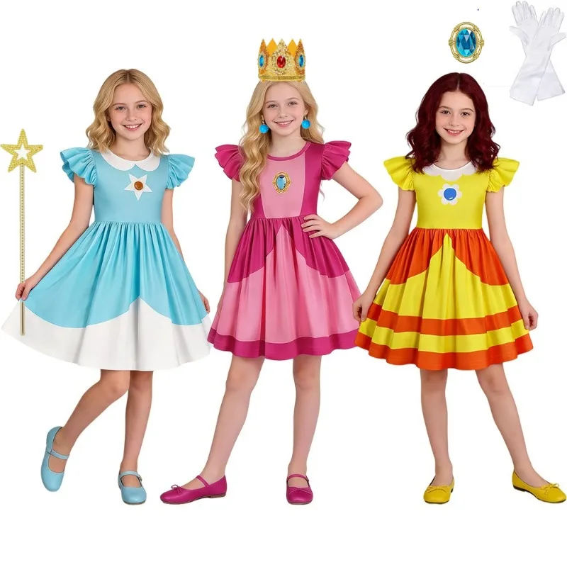 

Peach Cosplay Dress Girl Movie Princesss For Kids Halloween Pink Disguise Daisy Cosplay Clothing Birthday Vestido Halloween