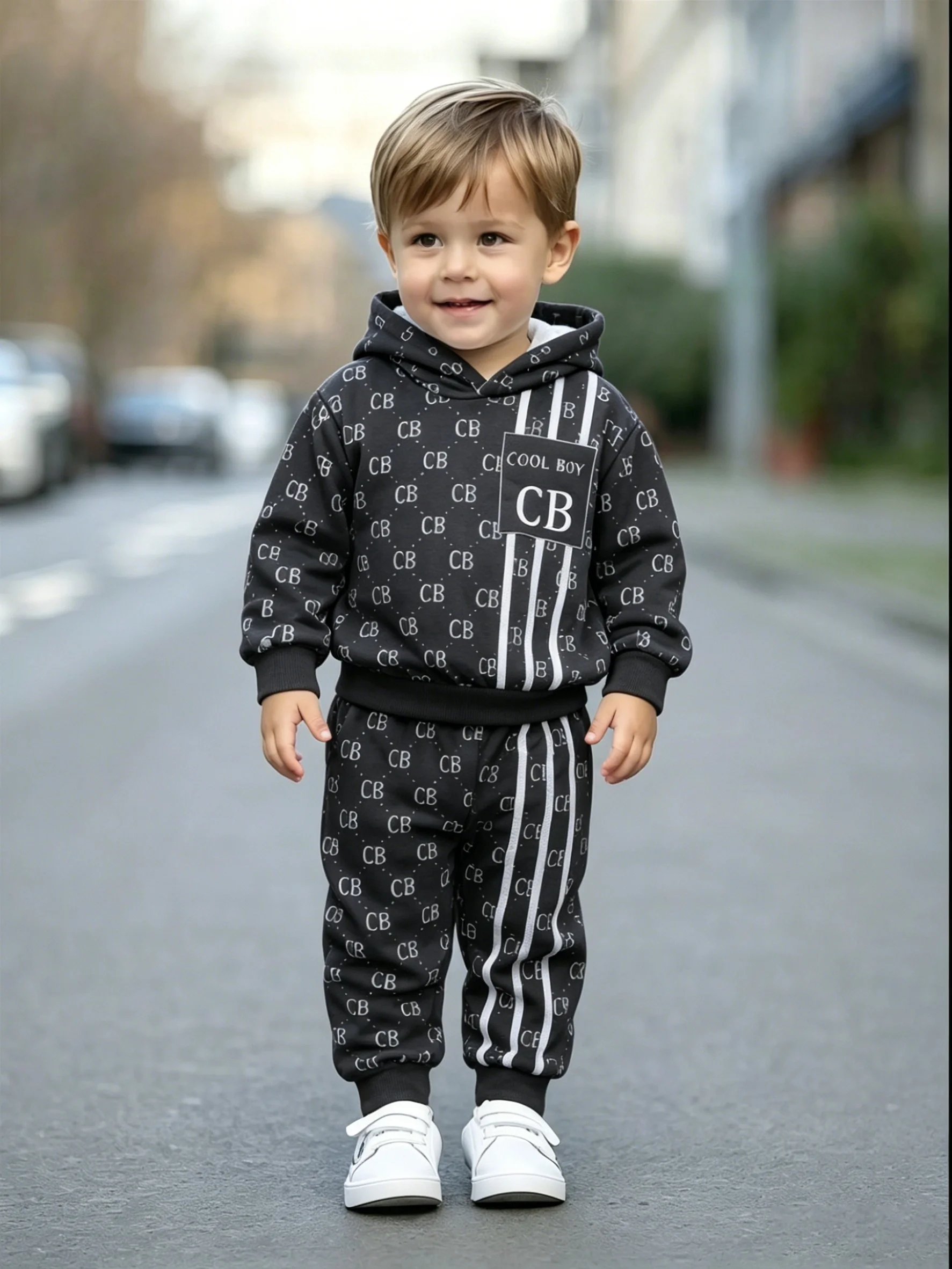 Toddler Boys Letter All Over Print 2Pcs Tracksuit Hoodie+Sweatpants Kids Stripe Casual Outfit