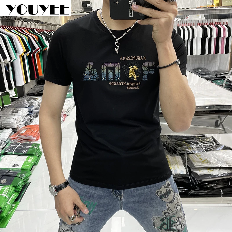 Short Sleeve T-shirt Men\'s Slim Casual Print Hot Diamond 2025 Summer New Fashion M-7XL Male Tees High Quality Man Top Clothing
