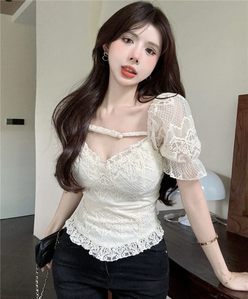 New Lace Y2k Blouses for Women 2024 Blusas Mujer De Moda Puff Sleeve V Neck Chic Korean Shirts Sexy Summer Asymmetry Crop Tops