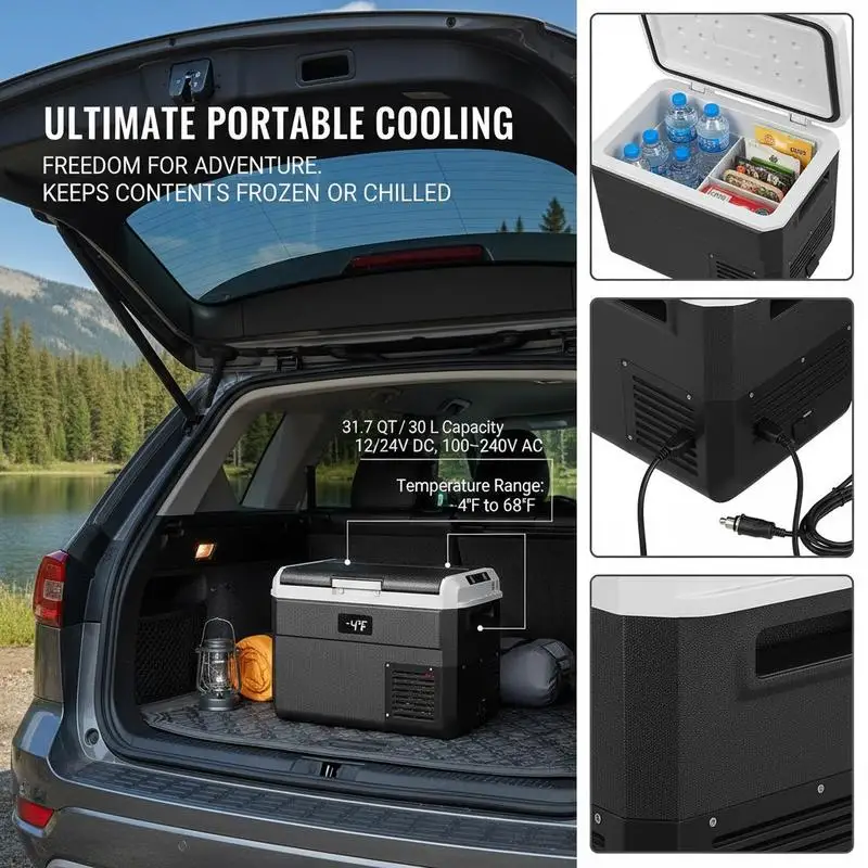Portable Vehicle Freezer 30L For Camping Travel RV, -4℉~68℉ Adjustable Temperature 12/24V DC 100-240V AC Compressor Cooler Unit Outdoor Mobile Refrigeration Device Storage Box