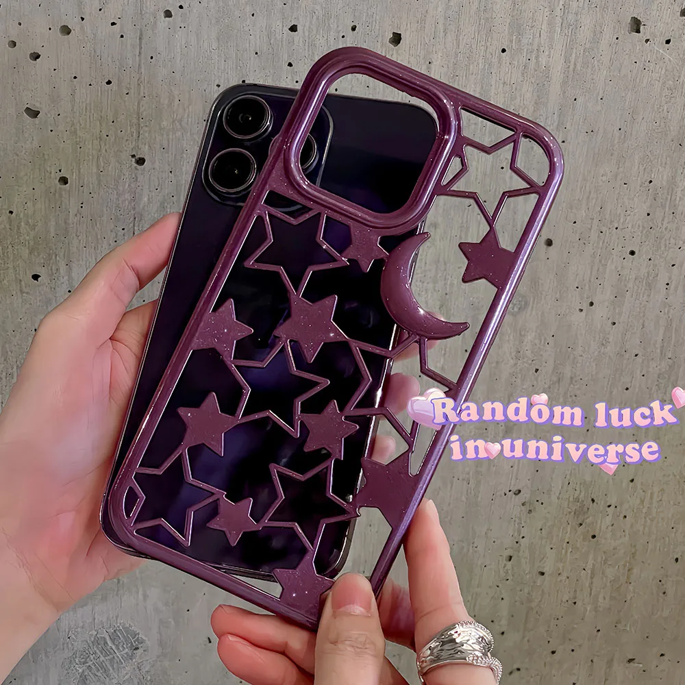 INS Hollow Out Glitter Star Moon Individuality Phone Back Case For iPhone 11 12 13 14 Pro Max Heat Dissipation Shockproof Funda