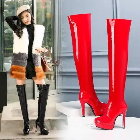 Patent PU leather red black womens overknees platform thin high heels booties big size 46 woman over-the-knee boots