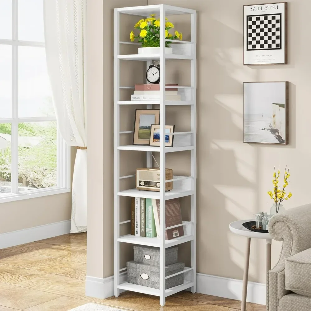 6-Tier Corner Shelf, Rustic Open Bookcase Square Shelf Tower for Living Room Bathroom, Narrow Bookshelf Storage Rack