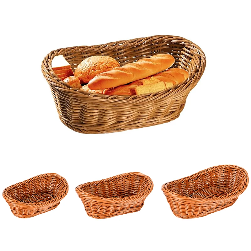 3 Pcs Oval Rattan Bread Basket Woven Food Fruit Dessert Tray Storage Basket Vegetable Breakfast Display Kitchen Organizer