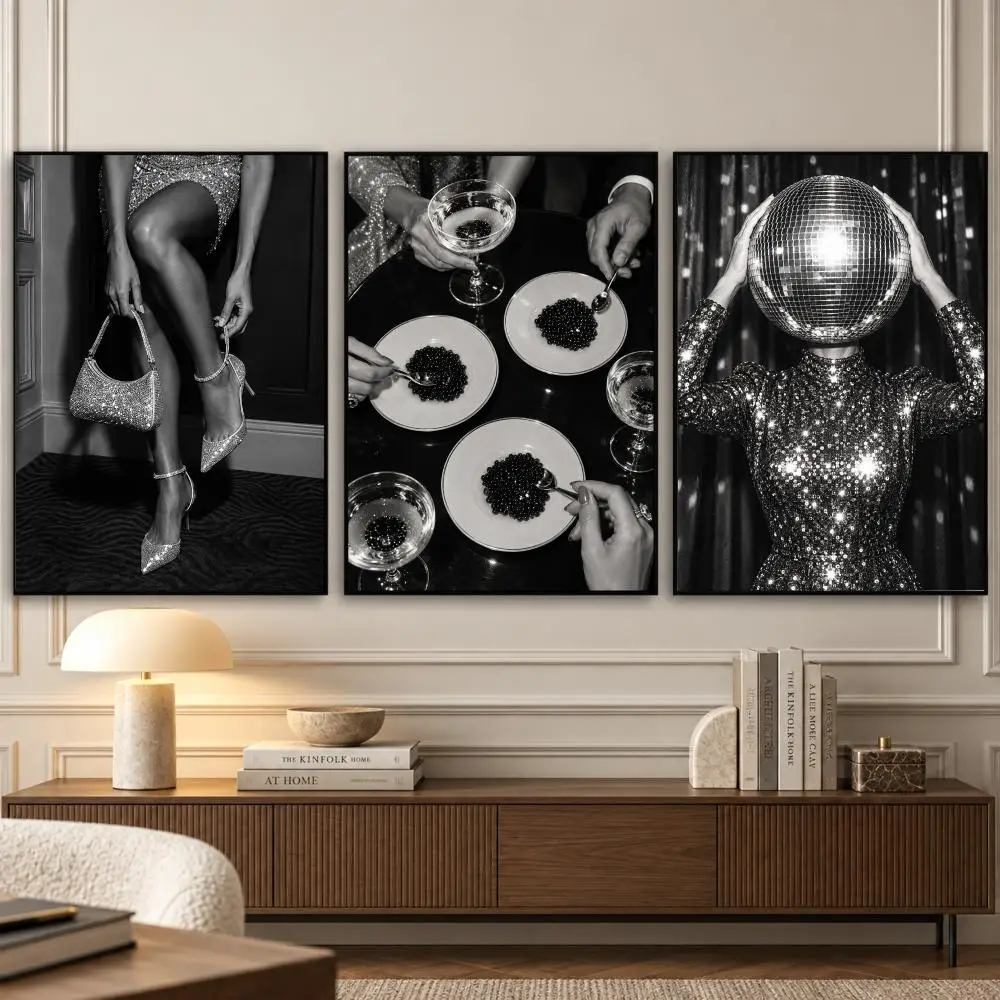 Vintage Party Disco Ball Painting Calligraphy 3 PCS Canvas Wall Art Prints for Living Room Decor Vintage Fashion Decals