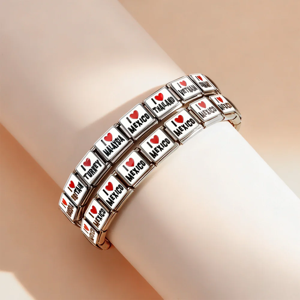 Ich liebe Reisen, Souvenir, klassischer elastischer Charm, Liebe zum Land, Edelstahl, italienischer Charm, passend für 9mm, zum Basteln von DIY-Armbändern und Schmuck – Detail 5