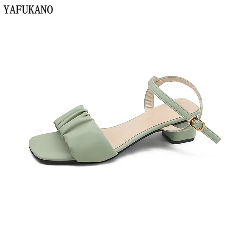 Fashion Square Heel Womens Sandals 2024 Summer New Korean Pleated Ankle Buckle Casual High Heels Sandals Simple Rome Shoes