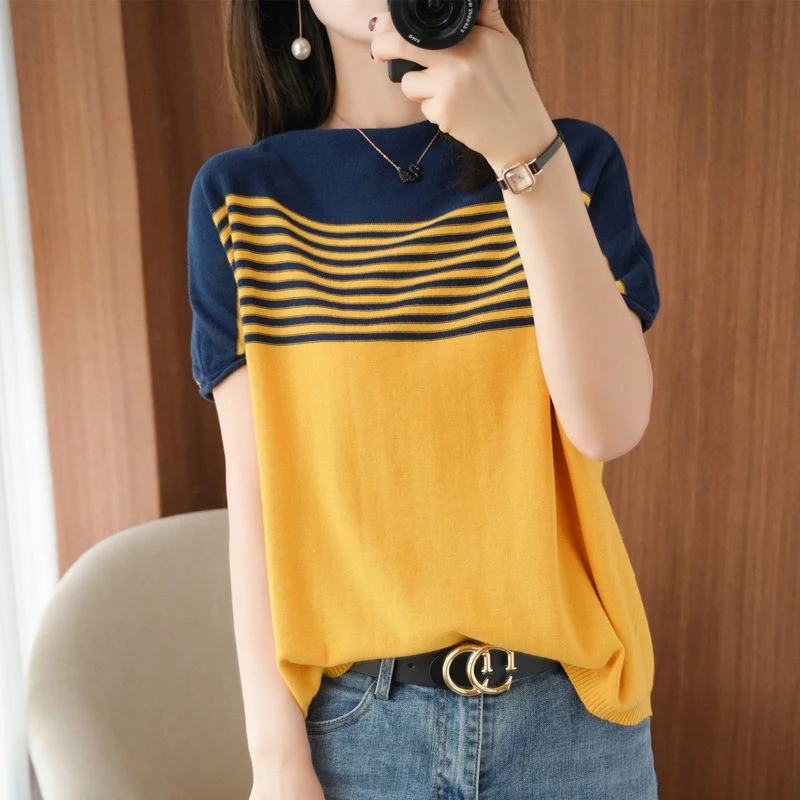 

Summer Korean Fashion Striped Patchwork Casual Knitted Tee Women Loose All-match Short Sleeve T-shirt Lady Vintage Pullover Top