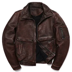 2025 New Vintage Brown Genuine Leather Jacket Air Force Style Cowhide Coat Men Slim Fashion Biker Jacket Flight Cloth
