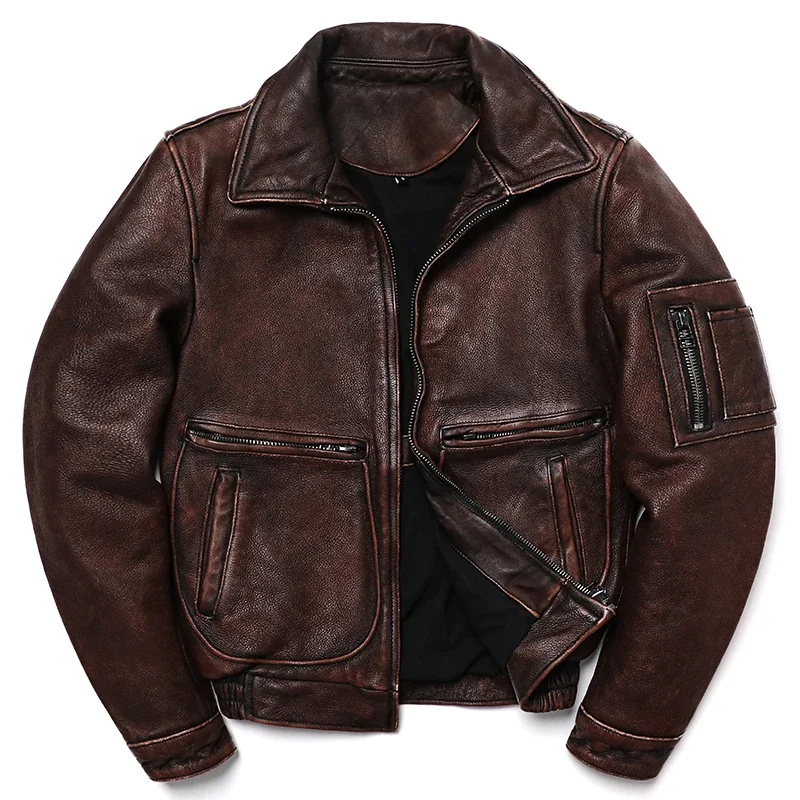 2025 New Vintage Brown Genuine Leather Jacket Air Force  Style Cowhide Coat Men Slim Fashion Biker Jacket Flight Cloth