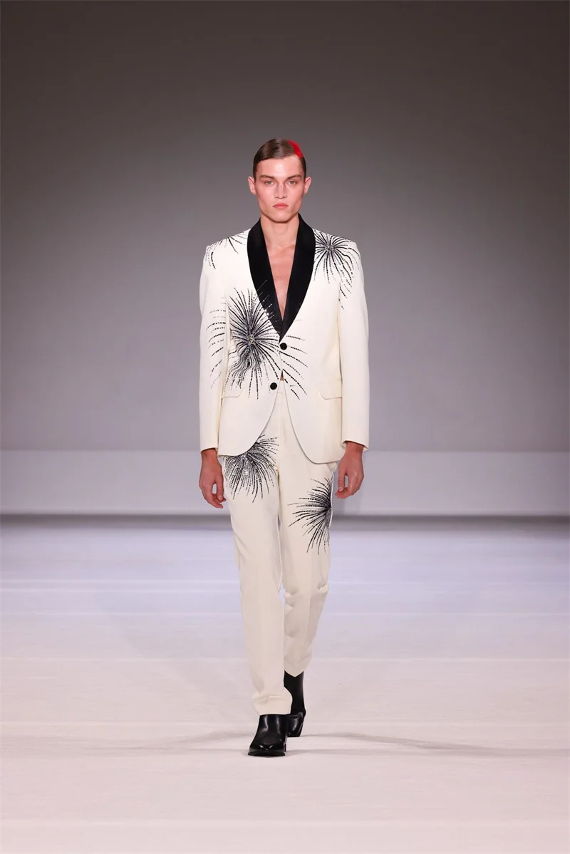 

Мужской костюм Crystals White, 2 предмета: пиджак + хлопковые брюки, роскошный свадебный смокинг, для офиса, деловой, для жениха, пиджак-куртка