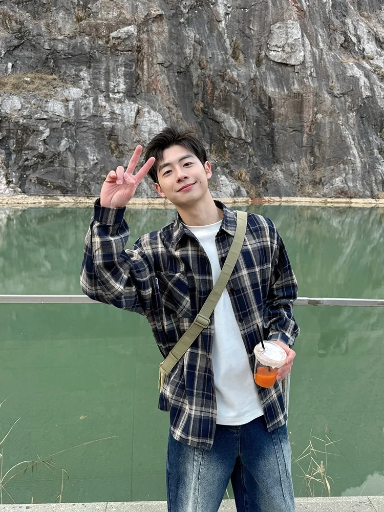 

Loose Casual Plaid Long Sleeve Thin New Style Spring Autumn Sun Protection Simple Outerwear Shirt Men's Casual Loose Shirt