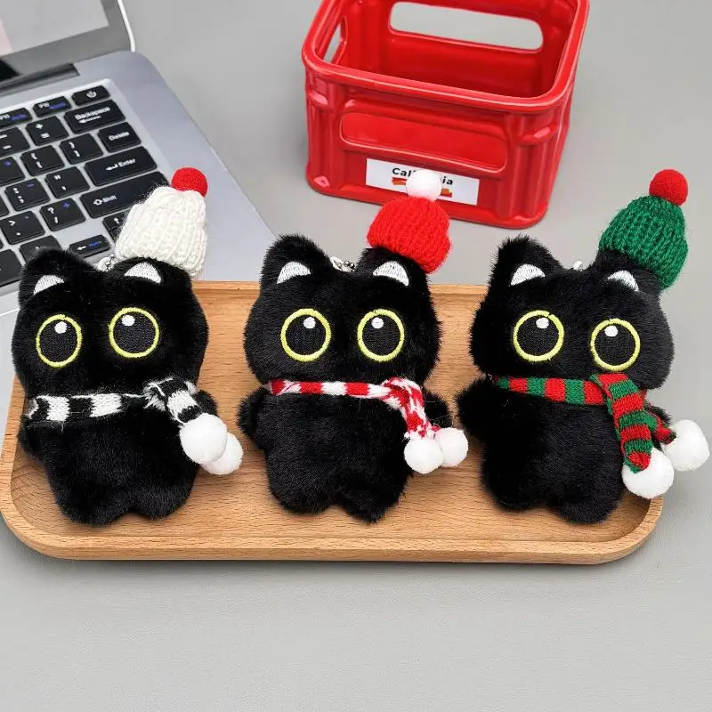 Cartone animato di Natale peluche gatto nero portachiavi zaino appeso decorazione Kawaii bambola di pezza morbida borsa giocattolo ciondolo regalo per coppie