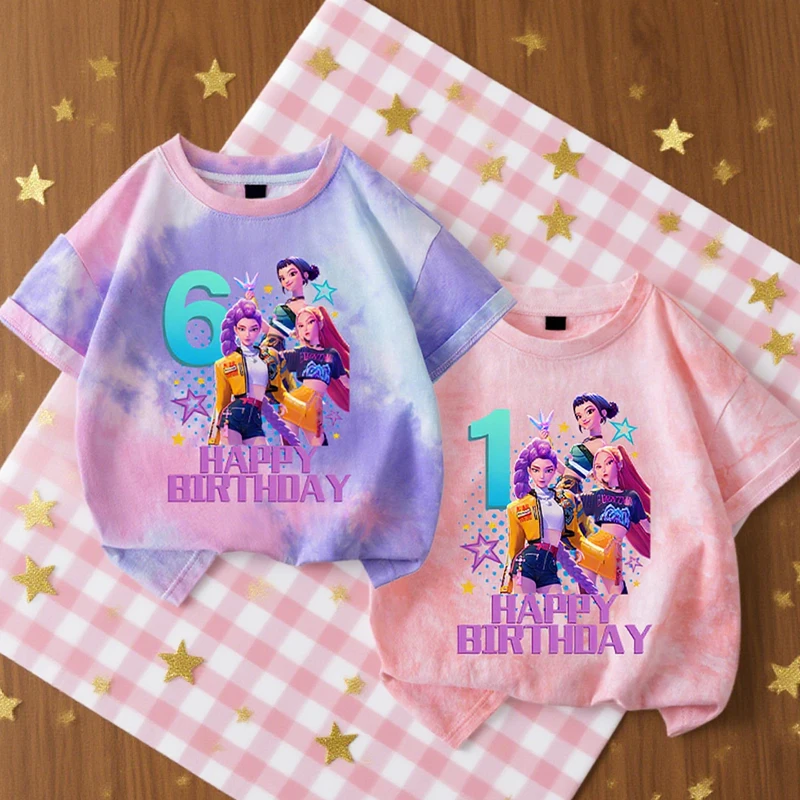 

KPop Demon Hunters Tie-dye Short Sleeves Cool Girl T-Shirt 1-9 Years Kid Summer Clothing Round Neck Tops Birthday Party Tee Gift