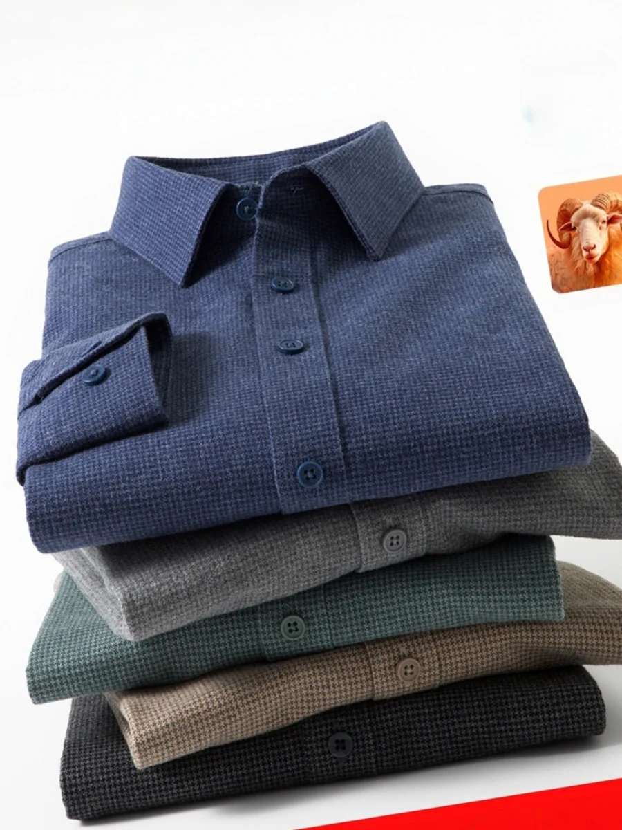 

Men's Plaid Wool Shirt Business Casual Versatile Warm Thick Brushed Collar Long-Sleeved Shirt for All Seasons