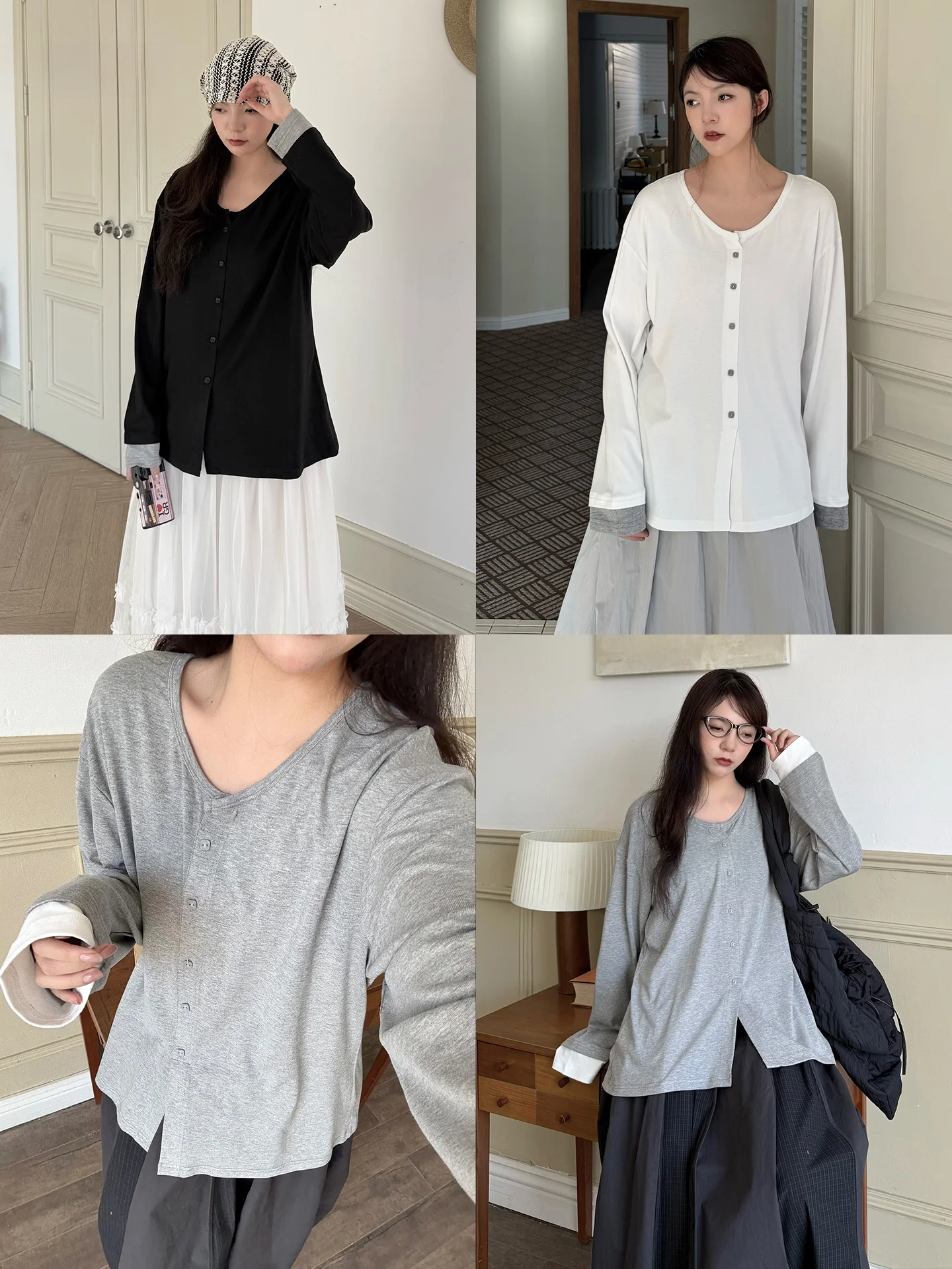 Land And Mountain Island Dream Weaving Color Collision Sleeve Design round Neck Base White T-Shirt Inner Wear Casual Loose Fi...