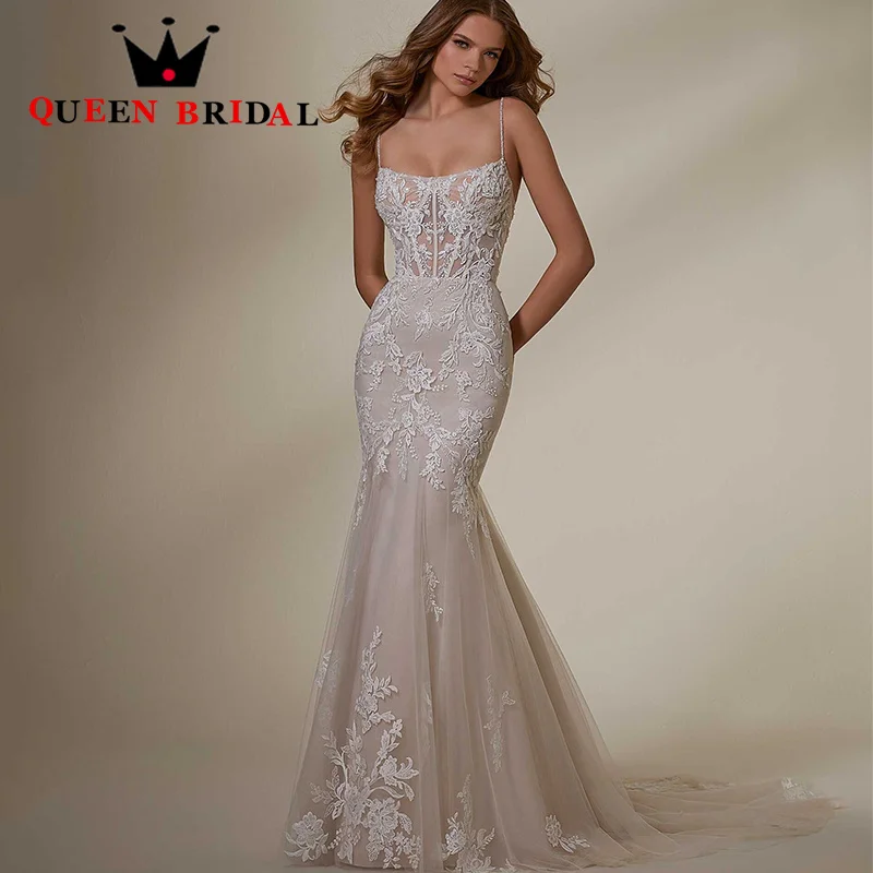 Sexy Spaghetti-Trägern Meerjungfrau Hochzeitskleid Quadratischer Kragen Applikationen Pailletten Rückenfreies Brautkleid Robe De Mariée Custom Y54N