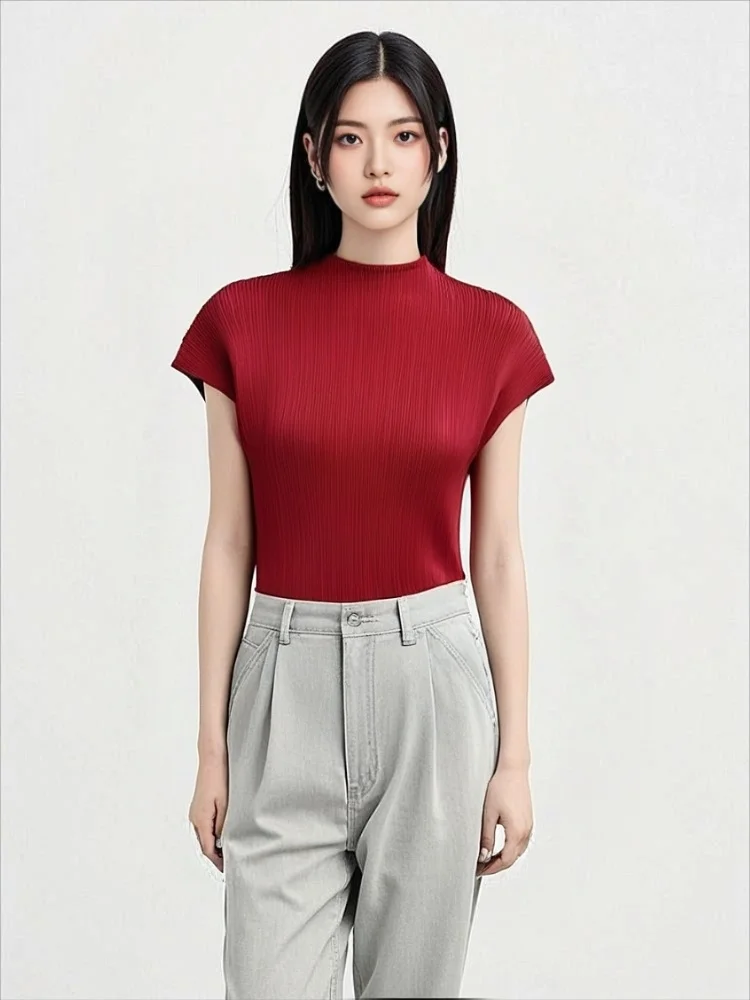 

Miyake Pleats 2025 Summer New Simple Fashion Solid Color Stand-up Collar Pleats Top Women's Slim Short-sleeved T-shirt Women's