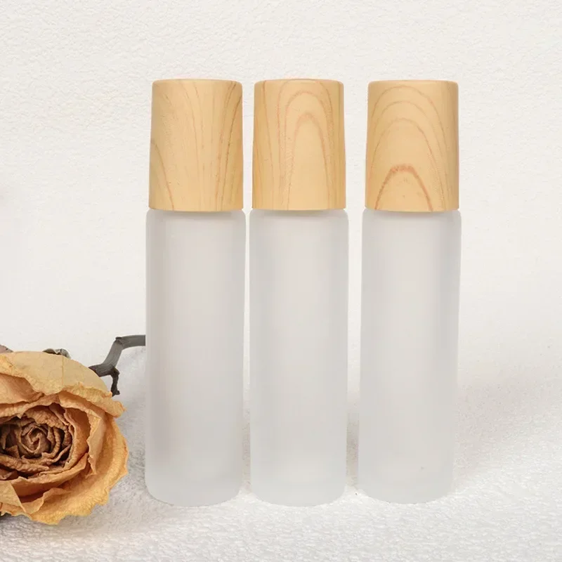 5/10ml Frosted Glass Roller Bottle Wood Grain Plastic Cap for Essential Oils Roll-On Refillable Perfume Bottle Roller Ball Empty