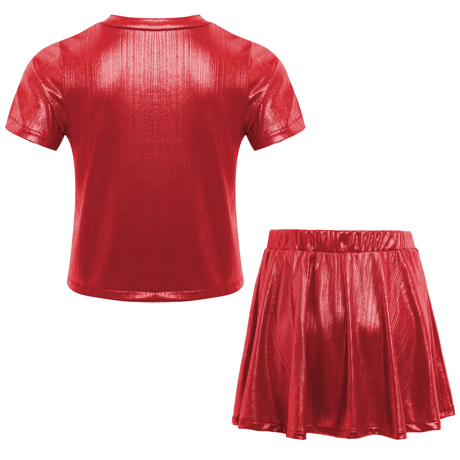 Kids Girls Jazz Dance Outfits Round Neck Short Sleeve Metallic Crop Top with Shimmery Ruffled Skirt for Hip-Hop Jazz Dance Show