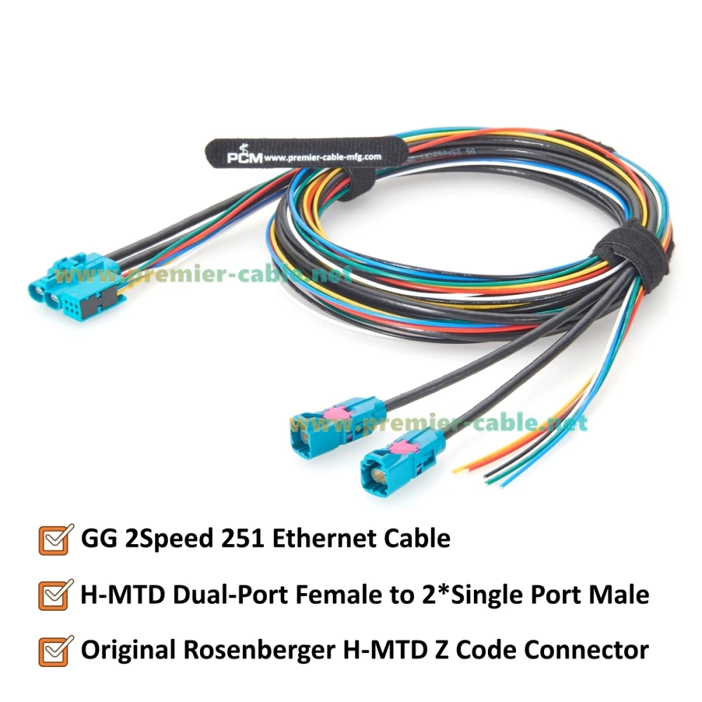Rosenberger H-MTD Dual Port Female to H-MTD Male Automotive Ethernet Cable with 6 Pin MQS Leads 99K1HG-1CAZ5-Z to E6S10A-1CAZ5-Z