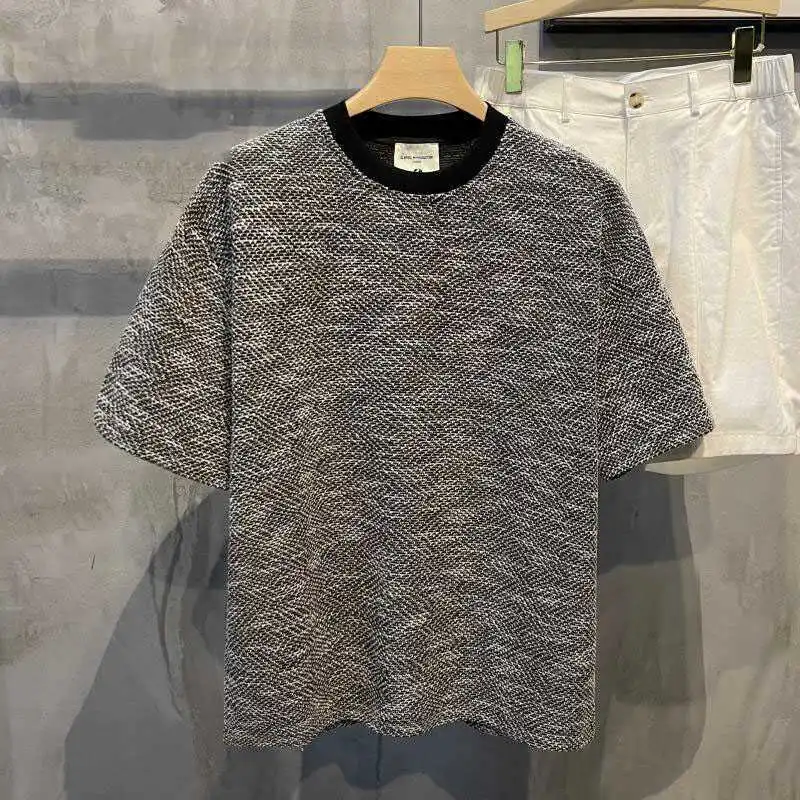 Xiaoxiangfeng Contrasting Color Retro Round Neck Short-sleeved Shirt for Men Handsome British Casual Loose Shoulder T-shirt Top