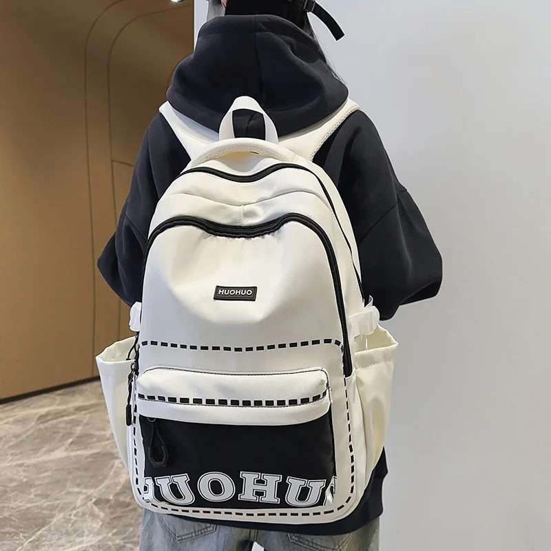 Letter Print Color Block Student Backpack Large Capacity Wear Resistant Junior High School Campus Casual School Bag
