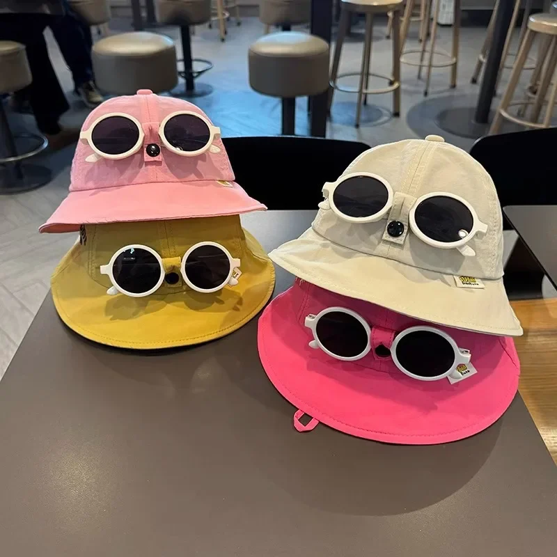 

Summer Baby Bucket Hat with Detachable Sunglasses Toddler Fisherman Cap Kids Adjustable Lace-up Sun Hats
