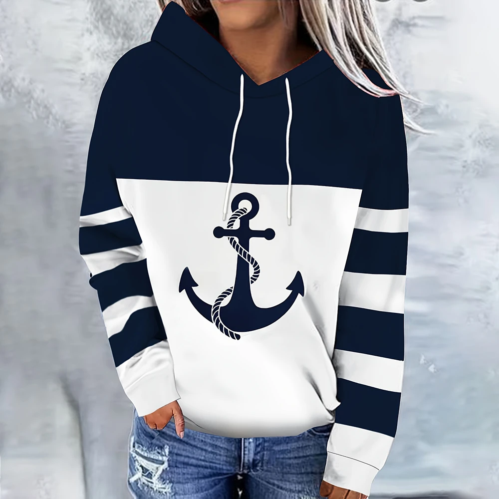 Anchor Stripe Designer Women\'s Hoodie 2024 Fall New Women\'s Sweatshirts Fashion Street Female Y2K Clothes Loose Pullover Hoodies