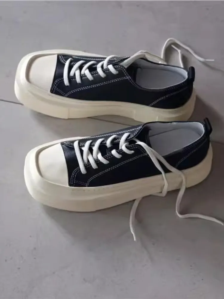 Mens Square Toe Genuine Leather Shoes Lace Up Vintage Flat Platform Sneakers Comfortable Breathable Spring Summer Casual Shoes
