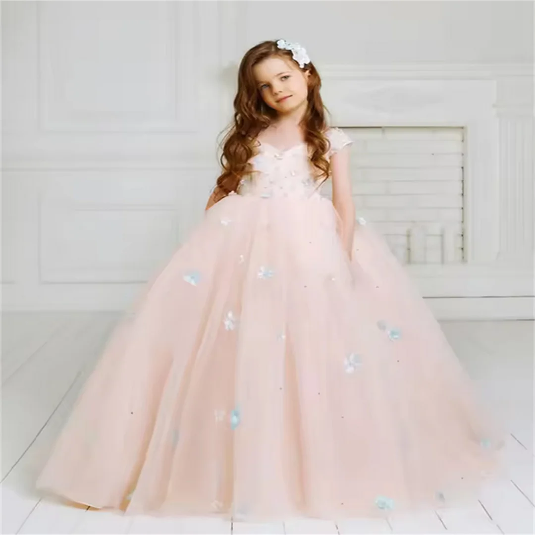 Girls lace gorgeous long three-dimensional First Communion Evening gown Junior bridesmaid dress/customizable