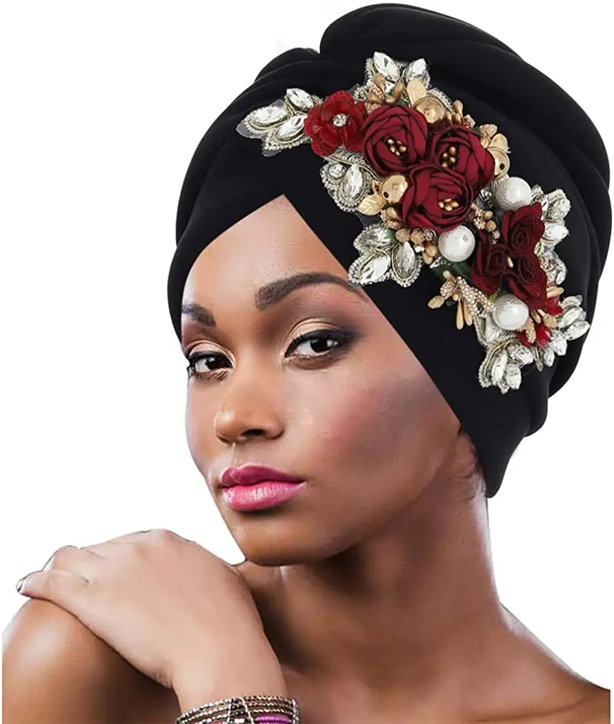 Women Flower Head Wrap African Headtie Nigeria Wedding Party Cap Pleated Beanie Female Turban Black Muslim Hijab Bonnet Turbante