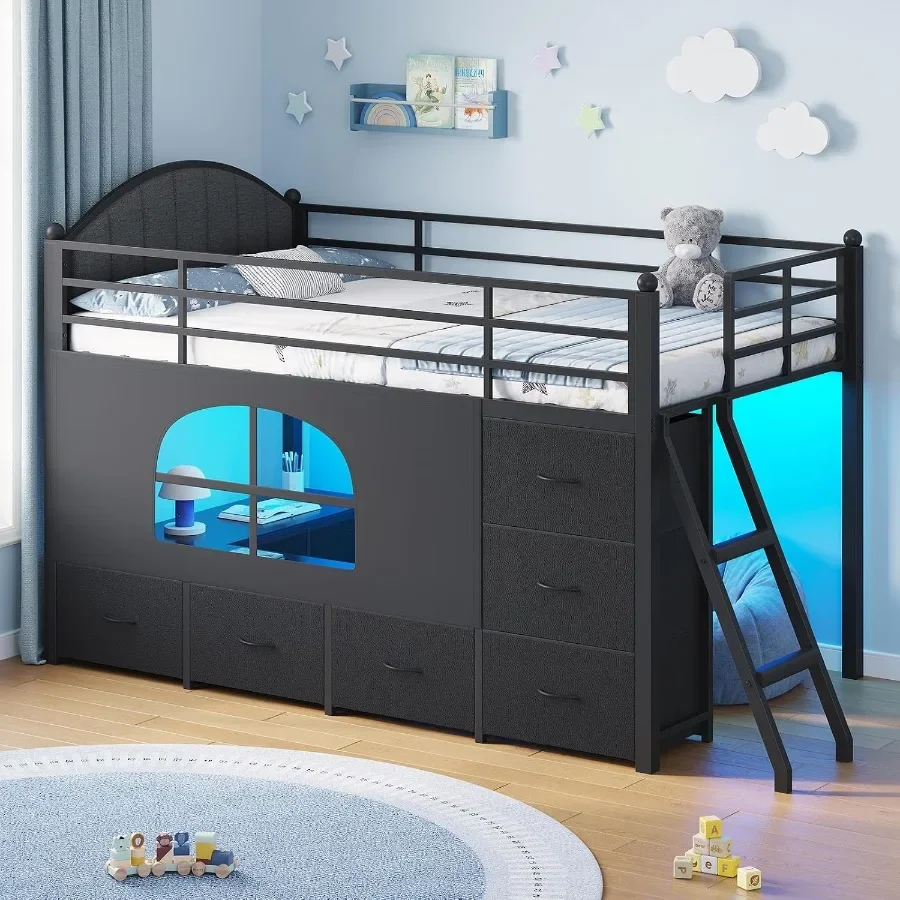 Loft Bed for Bedroom Use, Upholstered Fabric Headboard in Gray, with 8 Storage Drawers, LED Lights, Inclined Ladder, Play Curta