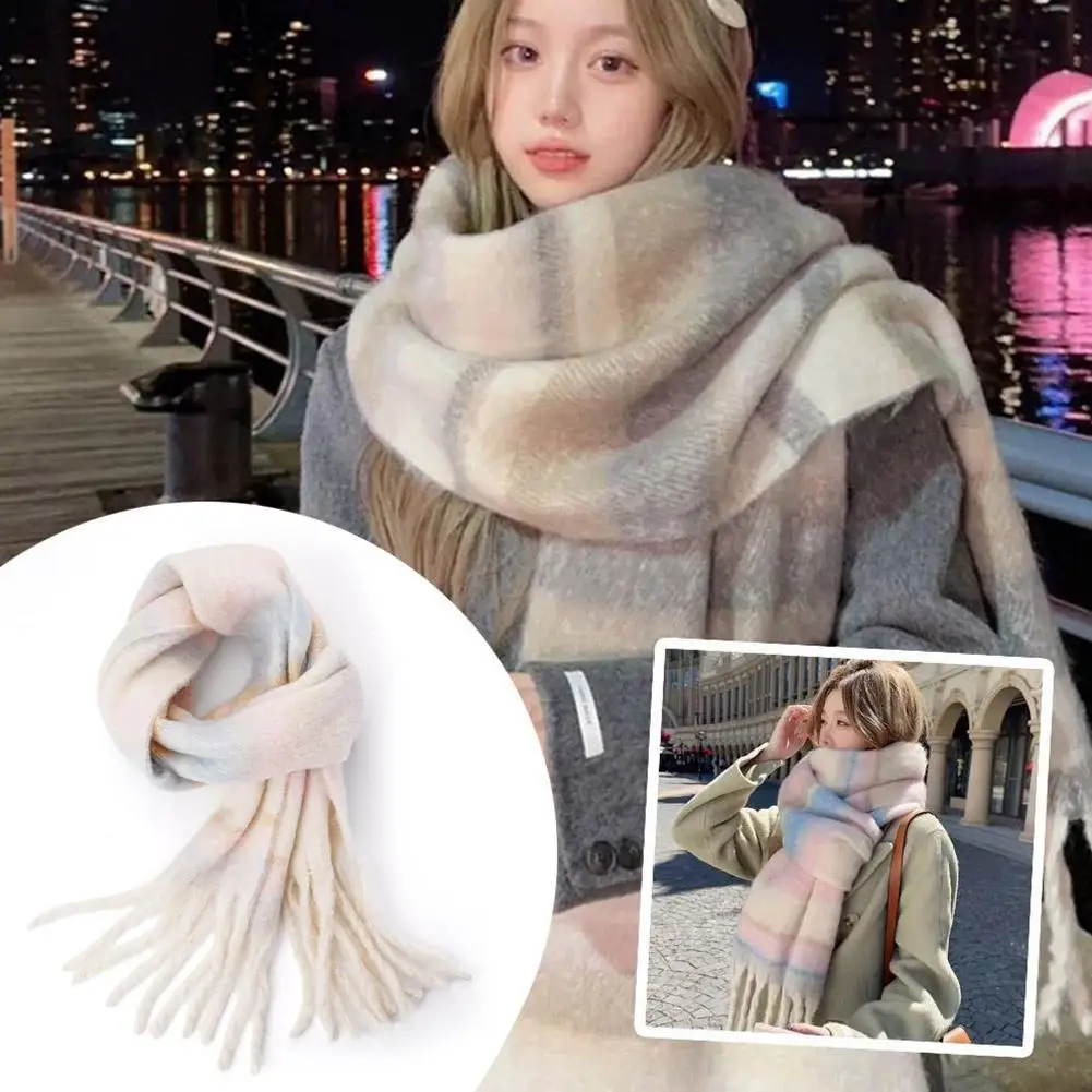 Women's Winter High-End Feel Scarf Autumn/Winter New Maillard Striped Pashmina Versatile Angora Necklace Thickened Fashiona J7Z8