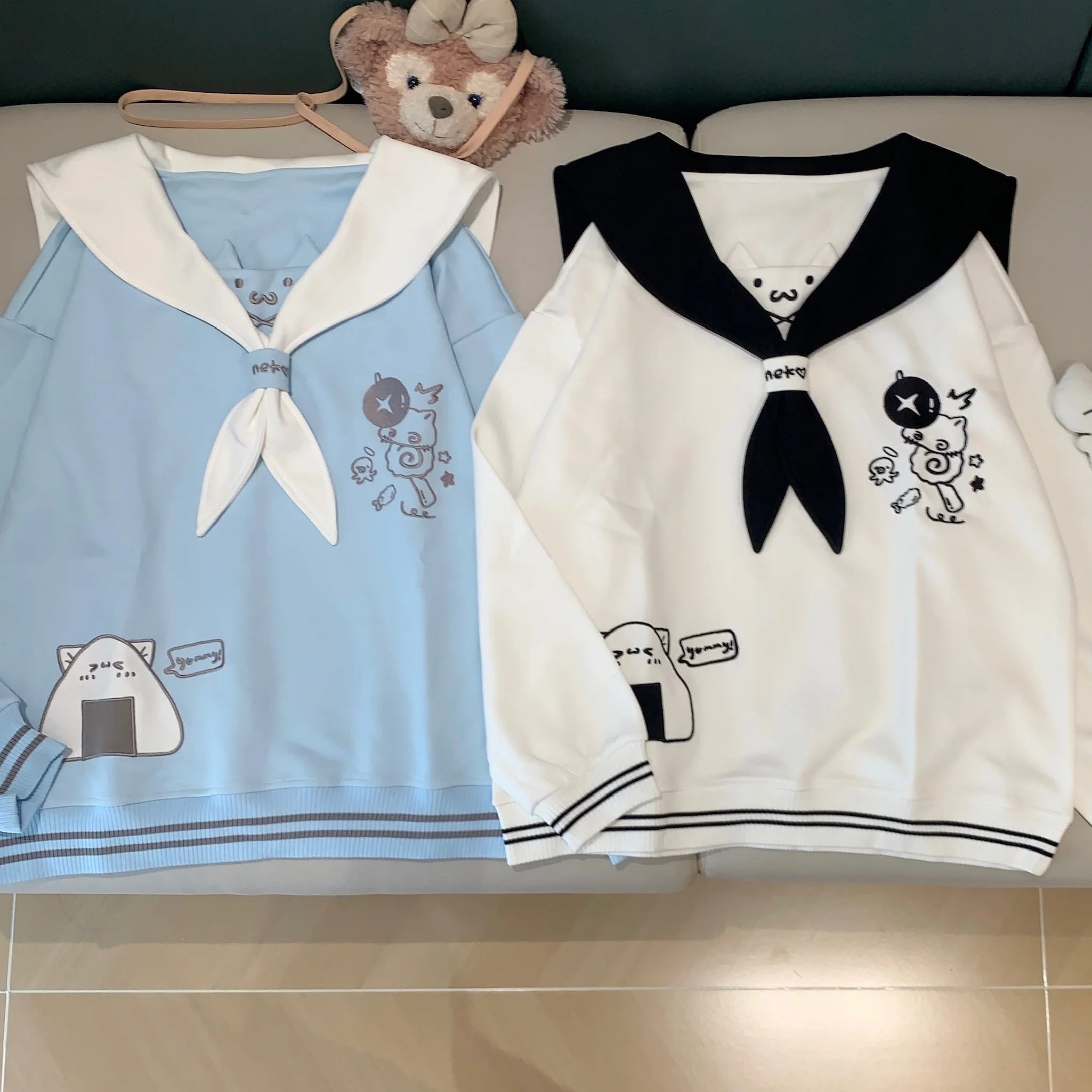 Navy Collar Soft Girl Color Block Cat Embroidery Sweatshirt Women Autumn New Loose Pullover College Style Japanese Sports Shirt