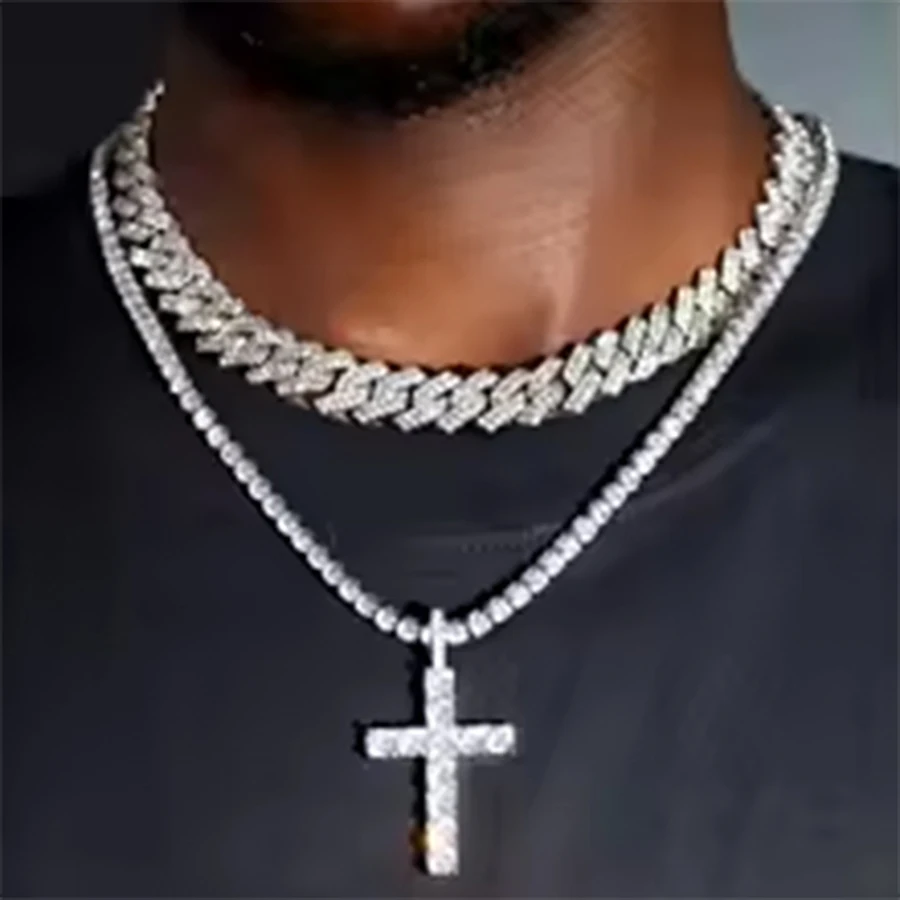 1 ชุด Hip Hop CROSS เทนนิส CHAIN 14mm Claw ชุดสร้อยคอ Cuban ผู้ชายเย็นแฟชั่น 2 แถว Cuban CHAIN สร้อยคอคู่เครื่องประดับ