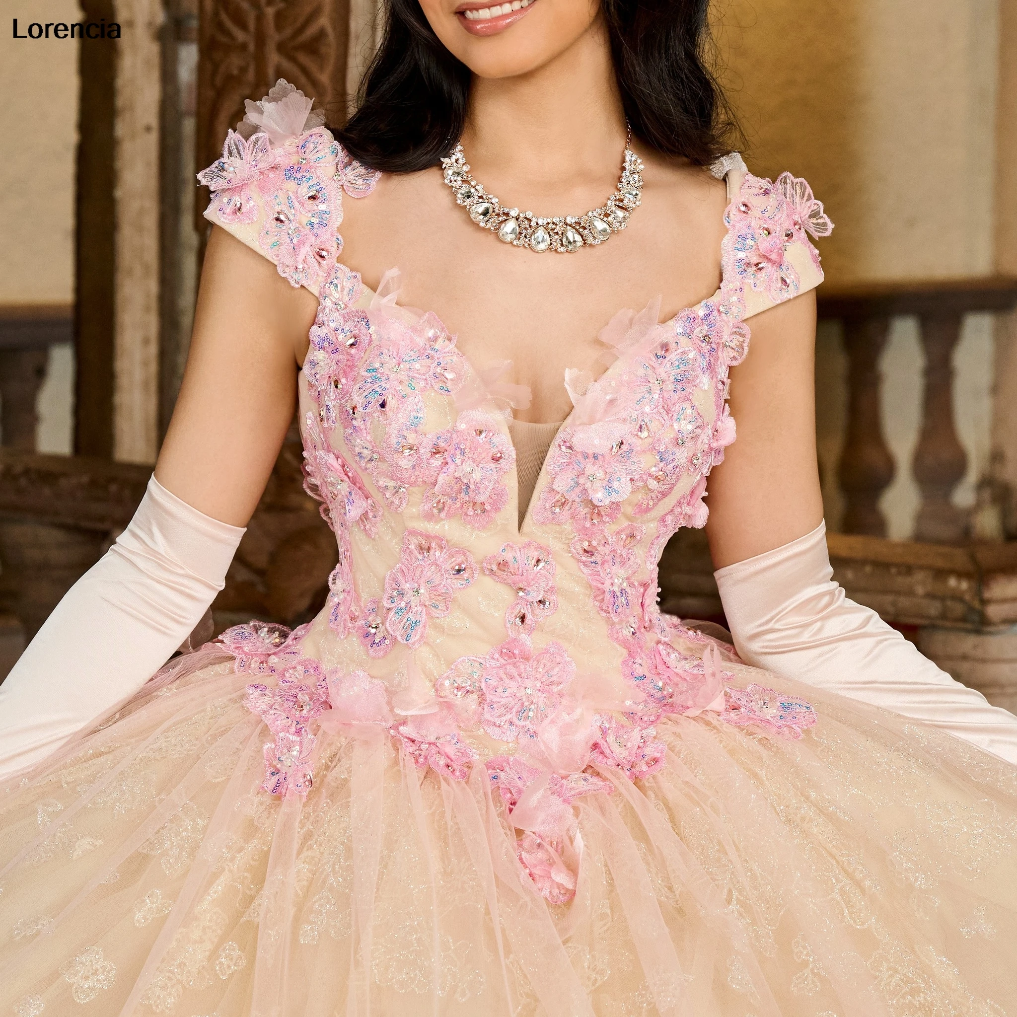 فستان Quinceanera وردي مخصص فستان حفلة مزين بالزهور مزين بكريستال مطرز مكسيكي حلو 16 فيستدوس دي 15 أنيو YQD822 #2