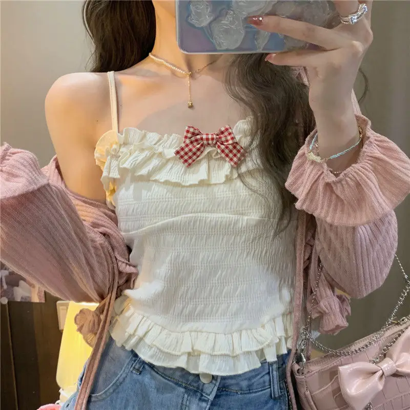 

Japanese Kawaii Pink Bow Camisole Cropped Tops Women White Korean College Style Sweet Tank Tops Lolita Bow Lace Vset Female 2023