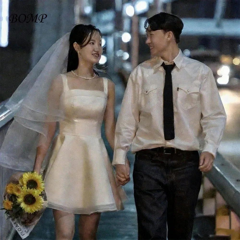 

BOMP Ivory Square Neck Wedding Dresses 웨딩드레스 Sleeveless Satin Mini Above Knee Pretty Customized Bride Gowns Plus Size