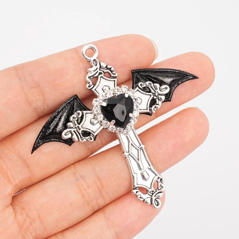4pcs Gothic Bat Wing Cross Pendant with Black Bat Wings and Black Heart Water Diamond DIY Jewelry Making Accessories